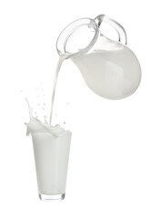 Pouring fresh milk from pitcher into glass against transparent background © New Africa