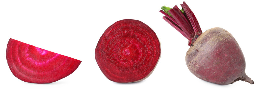Fresh beets isolated on white, set. Whole and sliced