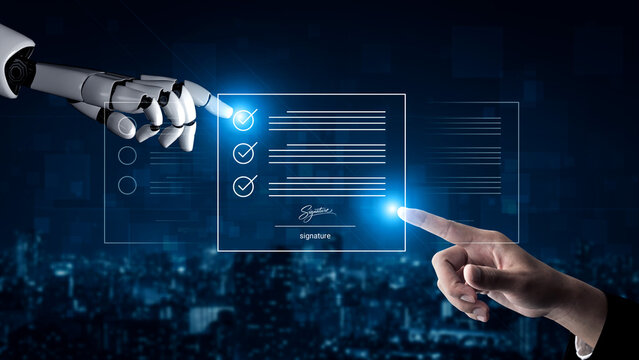 A dynamic scene showcasing the interaction between a human hand and a robotic arm, emphasizing technology, digital documents, and futuristic elements in a city setting. Cyphers