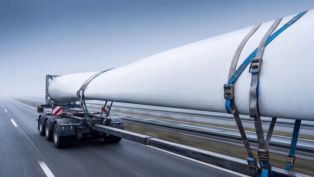 Wind turbine blade transport on truck trailer driving on highway, oversized cargo secured with ratchet straps in motion for renewable energy logistics and heavy haulage delivery