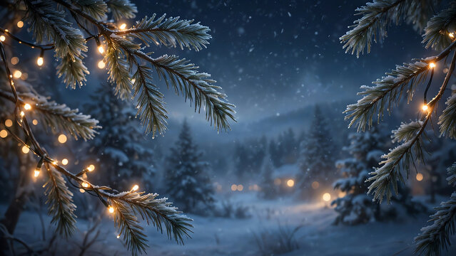 Softly lit pine branches gently swaying in the night breeze beside warm Christmas lights establish a serene holiday mood in a dreamy winter landscape