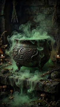 Mysterious Green Fog Rolling Over a Decorative Cauldron Bathed in Dim Light, Creating Shadows and Textures That Envelop the Scene in a Magical Atmosphere