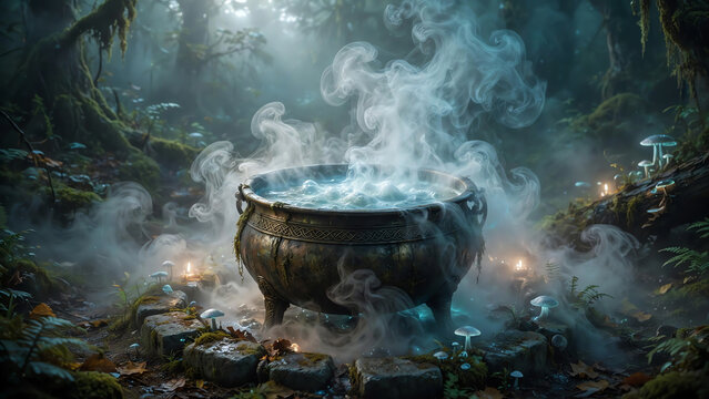 A mystic cauldron bubbling with thick, swirling fog in an atmospheric setting, illuminated by soft, ethereal lighting creating an enchanting ambiance