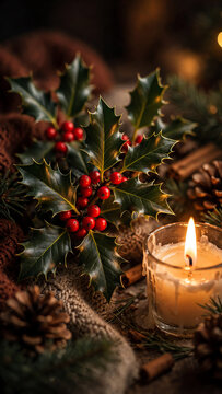 Holly leaves and red berries illuminated by flickering candlelight create a warm, festive atmosphere in a cozy setting with soft shadows and rich colors