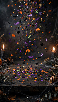 Vibrant Halloween Confetti Falling on Dark Tabletop with Spooky Atmosphere and Texture Enhancing the Festive Vibes for a Memorable Celebration