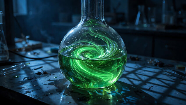 Glowing green liquid swirling inside a transparent flask on a dark laboratory table, illuminated by soft blue light casting intricate shadows and reflections