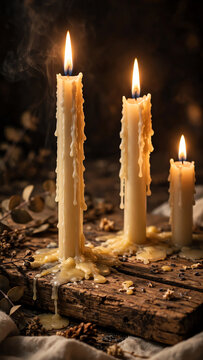 Dripping wax from tall candles on a rustic wooden surface, warm candlelight illuminating the scene and creating a cozy ambiance with inviting textures and shadows