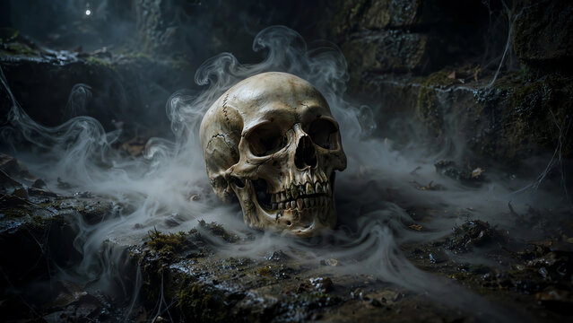 Eerie Skull Surrounded by Crawling Artificial Fog in a Dimly Lit Environment, Creating a Haunting Atmosphere with Shadows and Rich Textures for a Chilling Visual