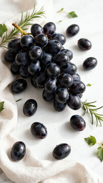 Elegant Arrangement of Black Seedless Grapes on a Crisp White Surface, Showcasing Freshness and Culinary Inspiration, Ideal for Food Photography and Healthy Eating
