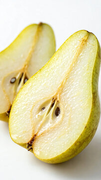 Close-up of a juicy pear sliced in half on a pristine white backdrop, highlighting its vibrant flesh and seeds, captured with soft diffused lighting for a fresh look