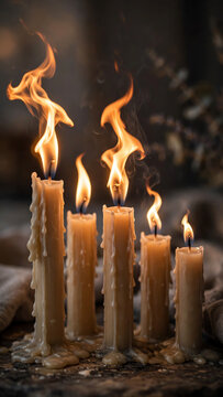 Dancing Flames of Tranquility: A Close-Up of Multiple Candle Flames Flickering at Different Speeds in a Softly Lit Room Creating a Calming Atmosphere