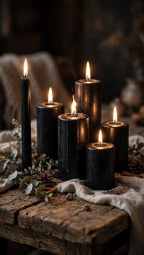 Elegant Arrangement of Black Candles on a Rustic Wooden Table with Soft Light Highlighting the Flickering Flames and Creating a Cozy, Inviting Atmosphere