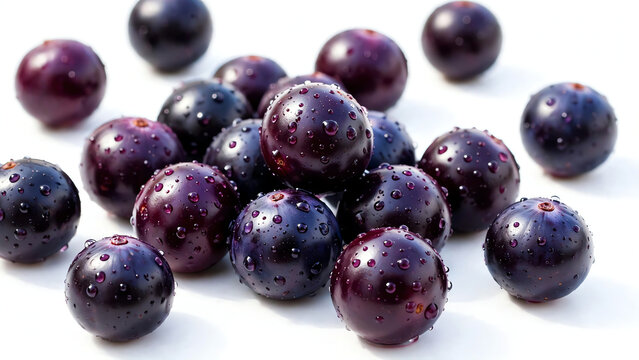 Fresh Acai Berries Glistening on a Clean White Background, Showcasing Their Rich Purple Color and Smooth Texture While Evoking a Sense of Health and Vitality