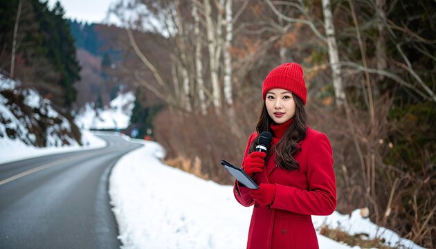 Television Reporter Broadcasting News on a Snowy Forest Road