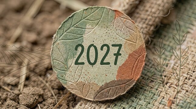 Circular Token with Leaf Pattern and '2027' Inscription, Earthy Tones and Textured Surface