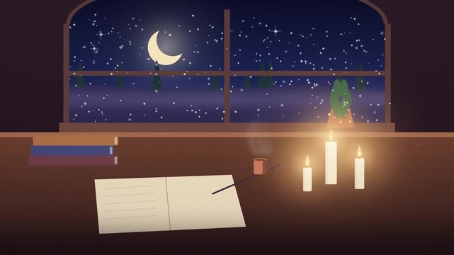 Candlelit desk by snowy night window with steam and flicker seamless loop