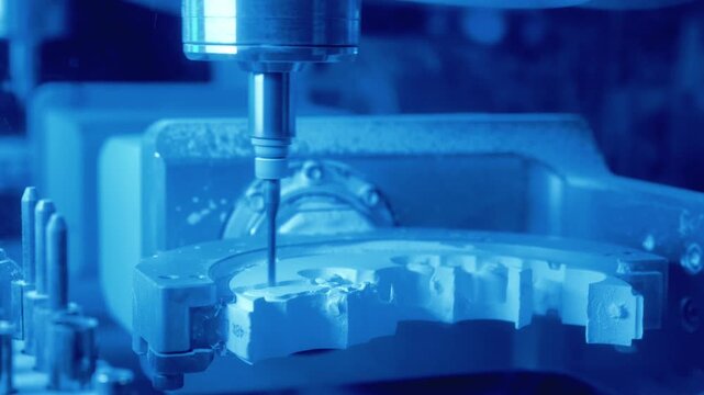 Dental CNC milling machine carving prosthetic teeth from white restoration blank, precision CAD CAM manufacturing for crowns and bridges in automated laboratory.