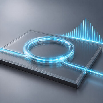 3D integrated photonic microring resonator optical frequency comb concept, translucent silicon nitride ring waveguide with glowing soliton resonance comb with copy space