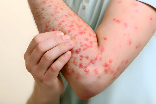 Minimalist medical dermatology template featuring severe allergic skin rash layout on a patient hand background.