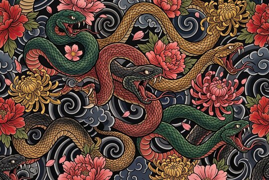 Japanese seamless pattern with aggressive snakes and blooming flowers. Oriental background with swirling waves and dark clouds in classic tattoo aesthetic.