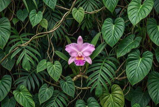 Pink cattleya orchid flower among lush green tropical jungle leaves. Dense rainforest foliage background with exotic creepers and philodendron plants.