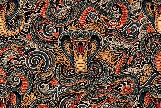Japanese seamless pattern with aggressive king cobra and fierce snakes. Oriental background with traditional swirling waves, stormy clouds, and chrysanthemum flowers in tattoo aesthetic.