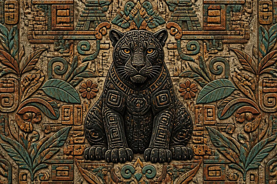 Ancient Mayan stone wall with a central black jaguar sculpture. Aztec background texture featuring pre-Columbian tribal ornaments, geometric glyphs, and native plant leaves.