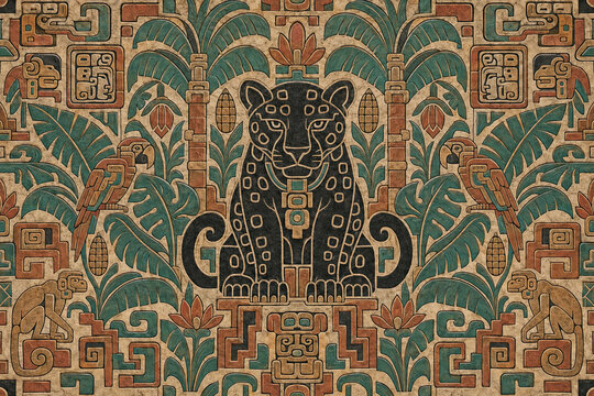 Mesoamerican tribal tapestry with a stylized central panther and jungle fauna. Symmetrical antique relief background featuring palm trees, macaws, apes, and sacred geometric hieroglyphs.