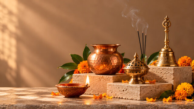 Traditional Indian Diwali pooja arrangement with copper kalash, brass incense burner, glowing clay diya, marigold flowers and a golden oil lamp