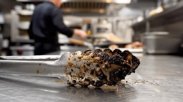 Cook lifts seared food with tongs across stainless steel griddle in bustling professional kitchen, concentrated and alert. Commercial kitchen heat, smoke, ovens, and fire frame busy chef work.