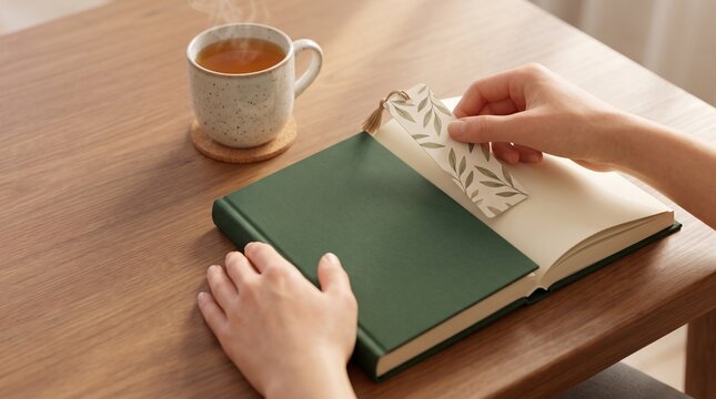 Person placing bookmark in open book on wooden table with steaming tea cup