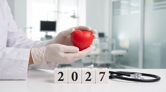 Doctor holding a red heart model beside 2027 calendar blocks, presenting medical care, cardiology goals, healthcare planning and a healthy New Year concept