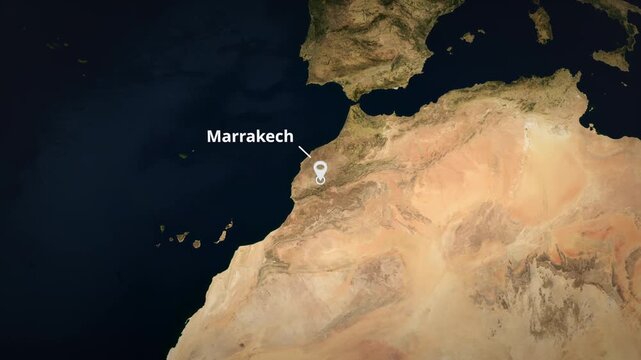 Satellite map zoom to Marrakech, Morocco with a white location pin marker, concentric circle highlight, and typography. Ideal for travel documentaries, broadcast graphics, or geographical presentation