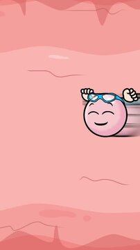 Funny 2D cartoon animation of a cute sperm character wearing swimming goggles meeting an egg cell inside the female body, conception and fertilization concept