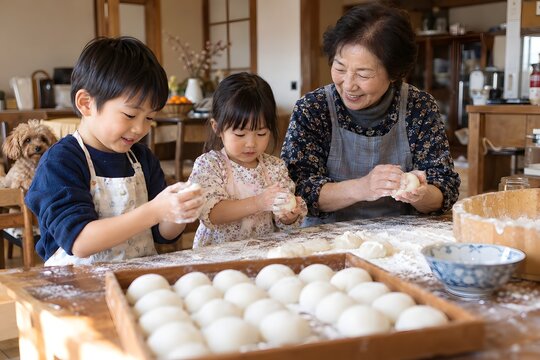 つきたての餅を丸める祖母と孫