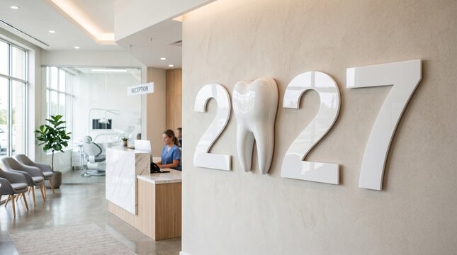 Large white 2027 numerals with a tooth shaped zero inside a modern dental clinic, presenting dentistry goals, oral healthcare and medical New Year planning
