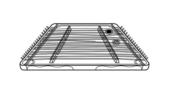A simple black and white monoline illustration of a traditional hammered dulcimer musical instrument