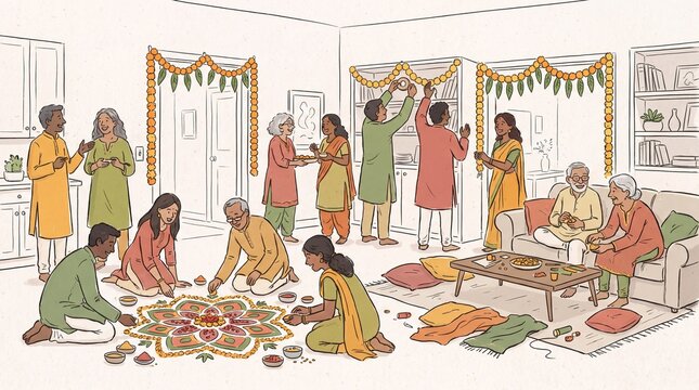 cultural celebration art, a lively, hand-drawn living room filled with diverse adults preparing for dussehra