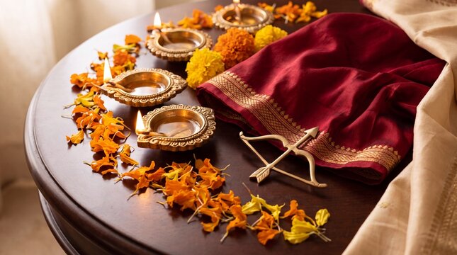 festive decor elements, traditional brass diyas and marigold petals elegantly arranged on silk