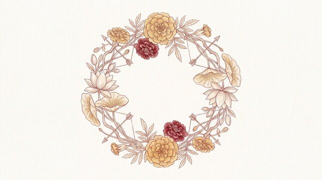 floral art composition, a circular wreath of marigold flowers and lotus motifs in muted gold and red