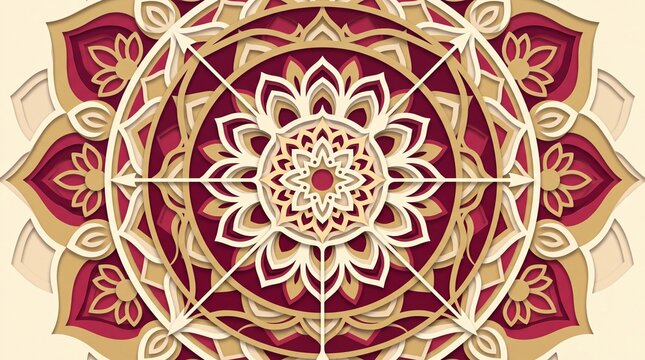 modern mandala design, a sophisticated mandala of bow-and-arrow silhouettes in rich reds and golds