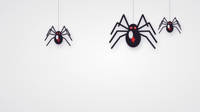 Spiders hang down from threads on a light background.