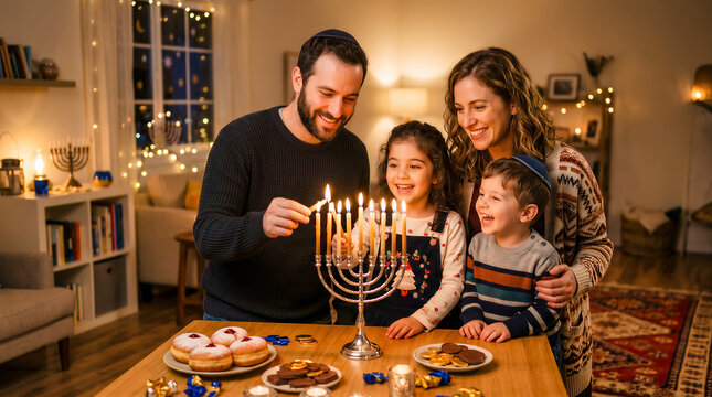 Happy parents and children watch as father lights silver menorah candles during festive Hanukkah holiday at wooden table. Chanukah Jewish celebration concept with copy space.