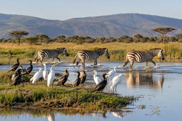 Naklejka premium Zebras crossing shallow savanna water behind black and white shore birds