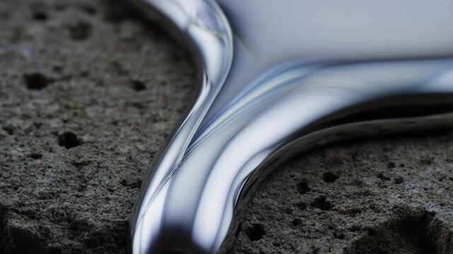 60 FPS Macro chrome liquid metal flow forming smooth curves over porous dark stone surface