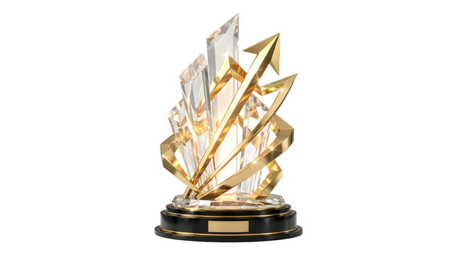 Golden trophy cup with abstract flame design on a dark base