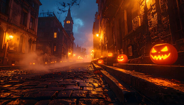 Spooky Halloween street with glowing pumpkins and fog