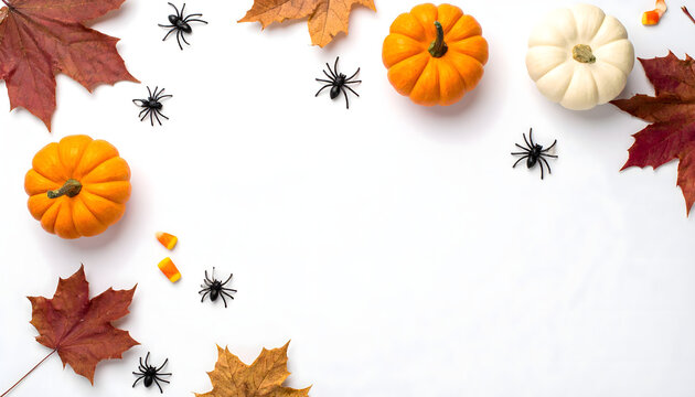 Halloween autumn flat lay frame with pumpkins maple leaves spiders and candy corn isolated on white background
