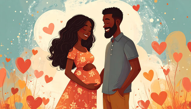 Happy pregnant black couple expecting baby vector illustration with hearts background