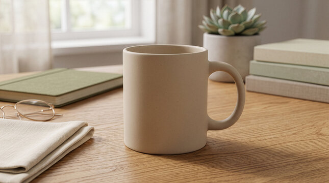 Beige Ceramic Mug Mockup on Wooden Desk
